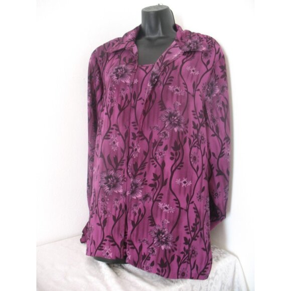 NOTATIONS PURPLE/BLACK FLORAL  BUTTON BLOUSE PLUS SIZE WITH ATTACHED CAMI 1X - Picture 3 of 11